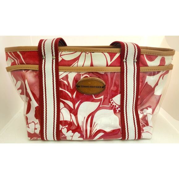 PURSE/HANDBAG-TOMMY HILFIGER-Red White-Plastic Cover-Beach-Boating-Snap Top - Picture 3 of 16